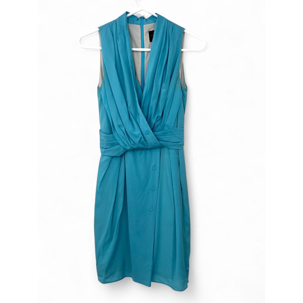 O'2nd X BARNEYS NY silk sleeveless v- neck dress mini wrap style short teal 0 XS - Picture 1 of 4
